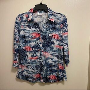 Canda C&A Womens Button Up Top Blouse S Blue Pink White London New York Print